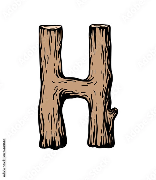 Obraz Colored engraving Letter H made of wood with leaves on the white background