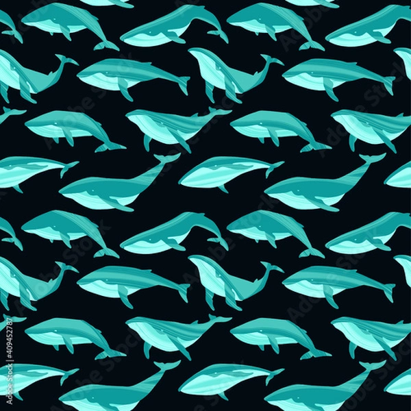 Fototapeta Repeated texture with hand drawn marine mammals: blue whale, white whale and sperm whale.