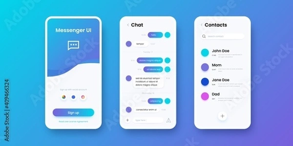 Fototapeta Chat app. Smartphone messenger. Communication application UI template with sign in, messaging and contacts screens. Collection of mobile interfaces design with buttons, vector modern phones set