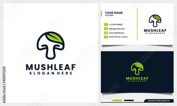 Fototapeta line art mushroom with nature leaf logo concept and business card template