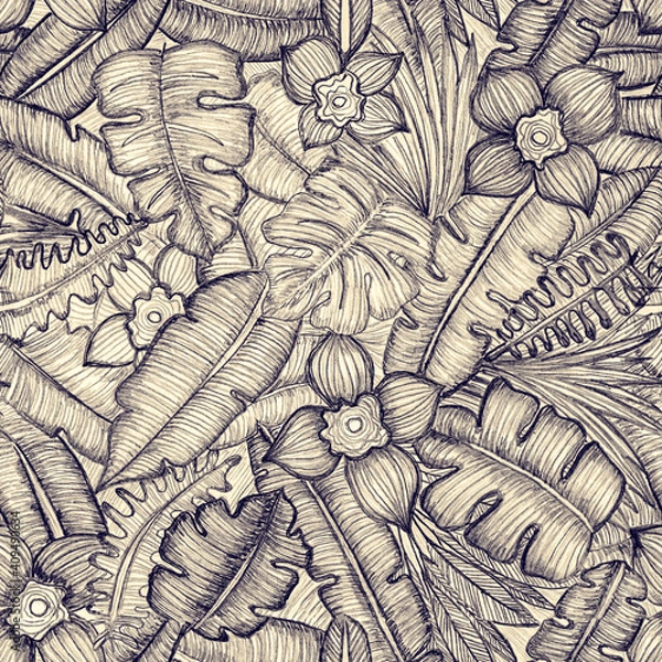 Fototapeta Seamless pattern of tropical leaves, drawn in pencil. 