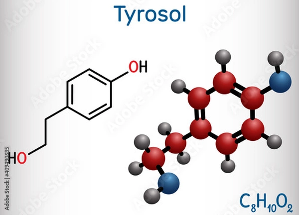 Fototapeta Tyrosol, phenylethanoid, antioxidant molecule. It is an anti-arrhythmia, a cardiovascular drug, a protective agent. Structural chemical formula and molecule model