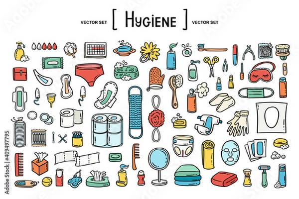 Fototapeta Vector hand drawn set on the theme of personal hygiene, remedies, protection. Isolated colorful doodles for use in design. Toiletries set of icons