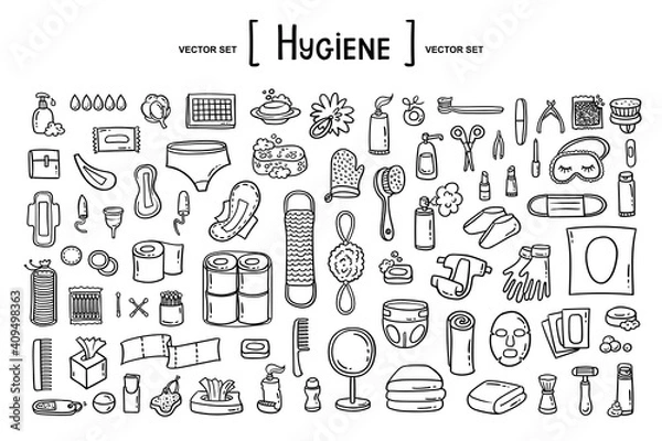 Fototapeta Vector hand drawn set on the theme of personal hygiene, remedies, protection. Isolated doodles for use in design. Toiletries set of icons