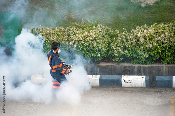 Fototapeta Healthcare worker using Fogging machine spraying chemical to eliminate mosquitoes and kill larvae to fight against the spread of dengue fever, Zika virus or Malaria at a residential area.
