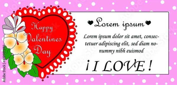Fototapeta Valentine, white box to write text, on its left side a large red heart decorated with white flowers, text Happy Valentine inside, on a pink background decorated with white dots