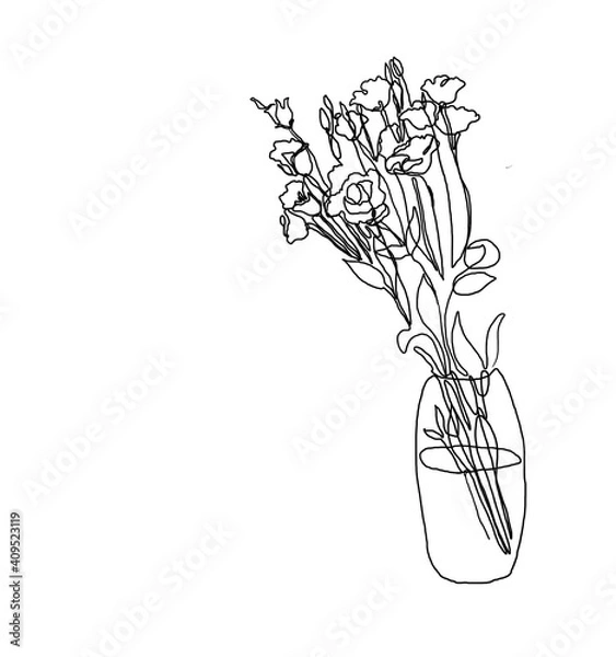 Obraz Linear drawing of a bouquet of eustomas in a glass vase. Contour drawing on a white background.
