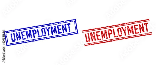 Fototapeta UNEMPLOYMENT seal watermarks with grunge style. Vectors designed with double lines, in blue and red versions. Tag placed inside double rectangle frame and parallel lines.