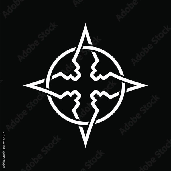 Fototapeta Shuriken or cross logo template with geometric sacred japanese kamon line art illustration in flat design monogram symbol