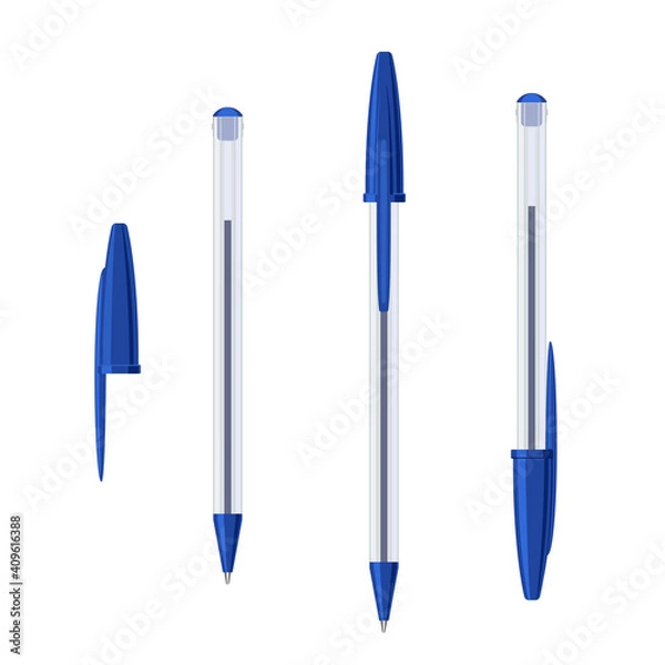 Obraz Common blue ballpoint pen in transparent plastic case set. Vector illustration