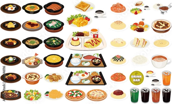 Obraz ファミレスの人気料理アイコン①（ピザ、パスタ、ハンバーグ、モーニング、ドリンクバー）