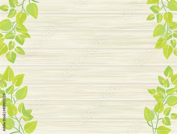 Obraz 木目_ウッドボード_看板_デザイン_背景_木目調_葉_新緑_white wood_boad