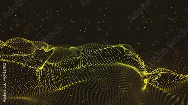 Fototapeta Background big data visualization futuristic technology. Abstract Music background. Beautiful motion waving dots texture with glowing defocused particles. 3d rendering