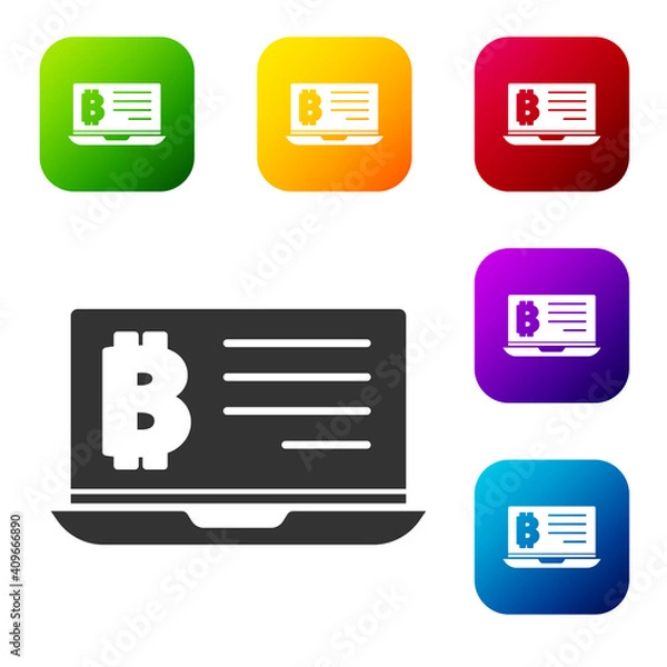 Fototapeta Black Mining bitcoin from laptop icon isolated on white background. Cryptocurrency mining, blockchain technology service. Set icons in color square buttons. Vector.