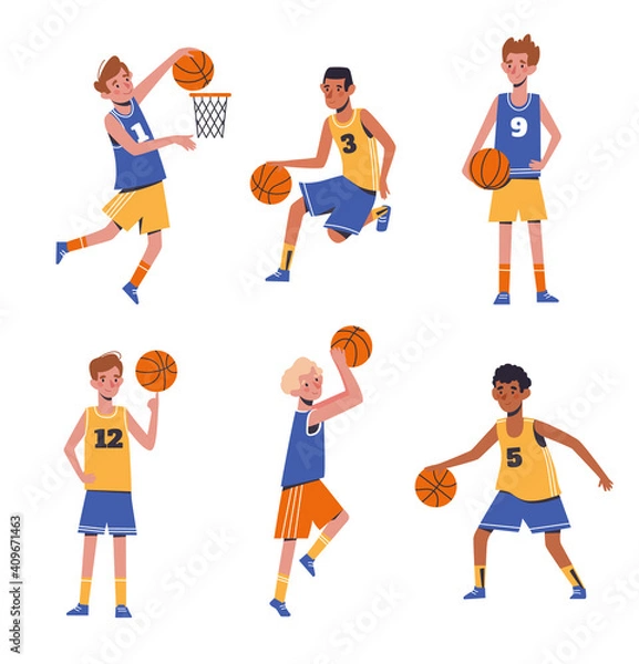 Obraz Children's sports basketball. Flat design concept with funny kids playing ball. Vector illustration of boys, set isolated on white background
