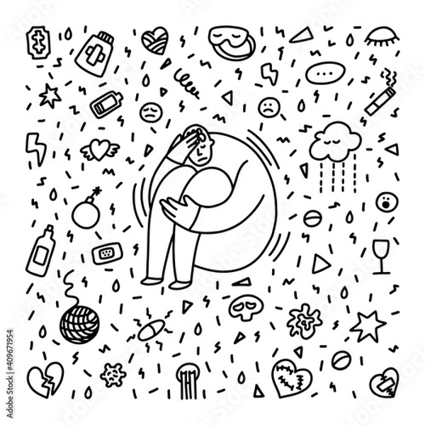 Fototapeta Depression doodle. Man is hugging his legs. Man curls up in a sad pose. Depressed person. Concept of stress, sadness, depression, pain doodle style. Depression signs and symptoms. COVID stress