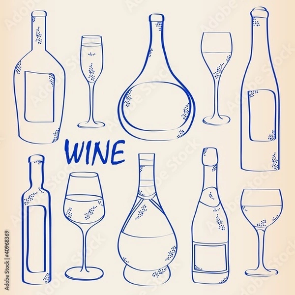 Obraz Wine Bottles and Glasses Icon Set