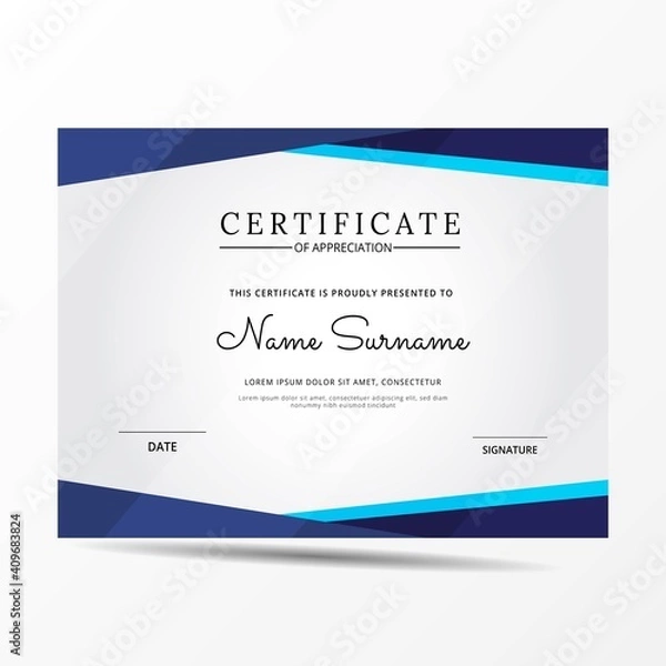 Fototapeta Certificate of appreciation template, gold and blue color. Clean modern certificate with gold badge. Certificate border template with luxury and modern line pattern. Diploma vector template