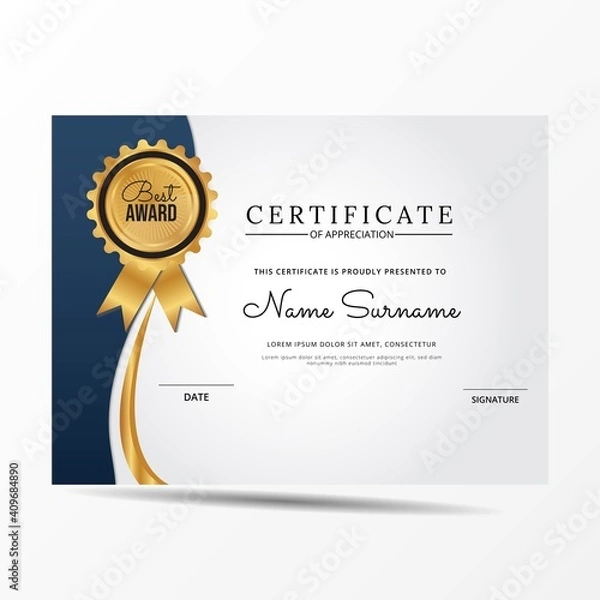 Obraz Certificate of appreciation template, gold and blue color. Clean modern certificate with gold badge. Certificate border template with luxury and modern line pattern. Diploma vector template