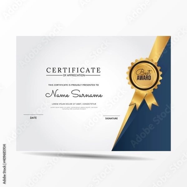 Obraz Certificate of appreciation template, gold and blue color. Clean modern certificate with gold badge. Certificate border template with luxury and modern line pattern. Diploma vector template