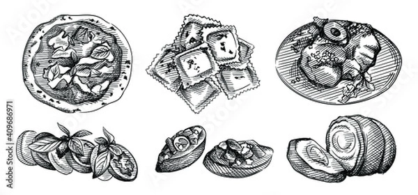 Fototapeta Hand drawn sketch set of Italian cuisine. Bruschetta with Tomato and Basil, Veal Chops Milanese, Ravioli,  Caprese Salad with Balsamic Glaze, Porchetta Pork Roast, Neapolitan pizza