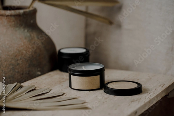 Obraz candle jars mockup in boho interior