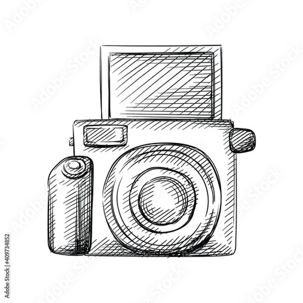 Fototapeta Hand drawn sketch of Polaroid camera on a white background. Wedding theme. Celebration and festivities. Accessories for wedding