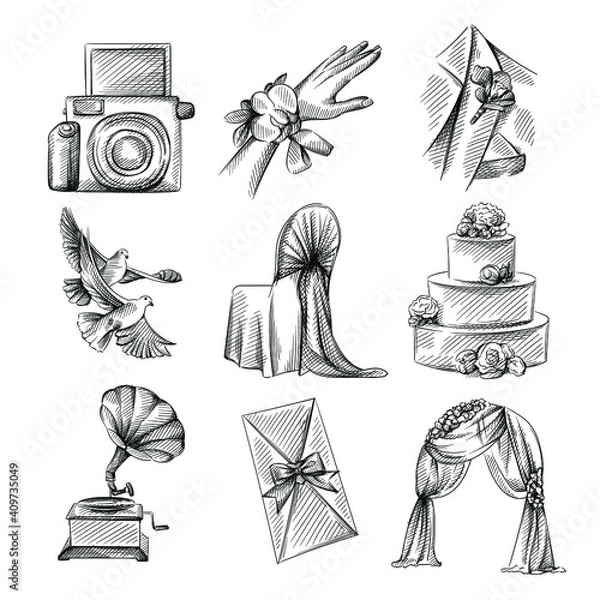 Fototapeta Hand drawn sketch set of Wedding theme. Boutonniere on suit, curtain arch, antique gramophone, Three Tier cake, decorated chair, boutonniere on hand, invitation for wedding, two doves, Polaroid camera