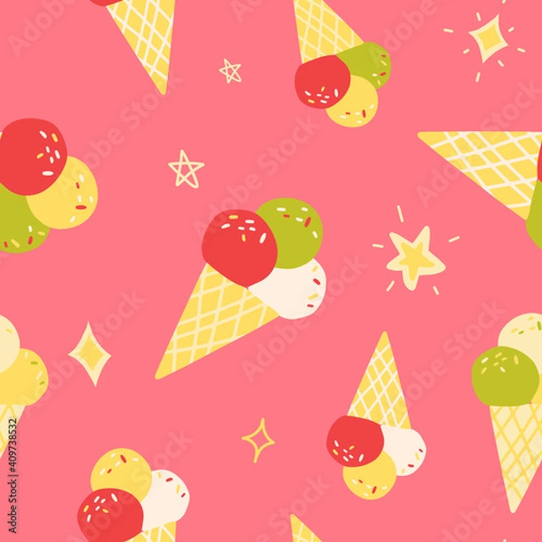Fototapeta Cute seamless pattern with various taste ice cream cones on pink background. Cartoon vector illustration.