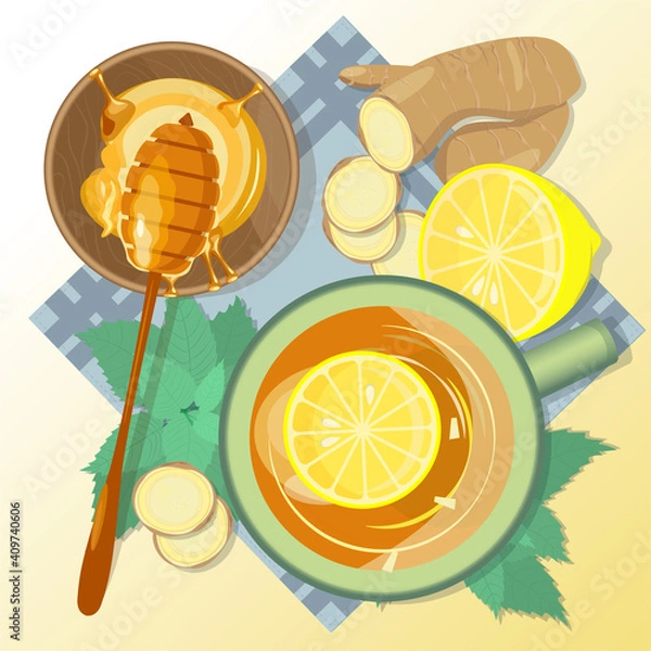 Fototapeta Herbal tea with lemon balm, ginger and honey. Mint leaves, chopped ginger and lime, a cup of herbal drink on a napkin top view. Vector illustration in a flat style. A warming infusion treatment.