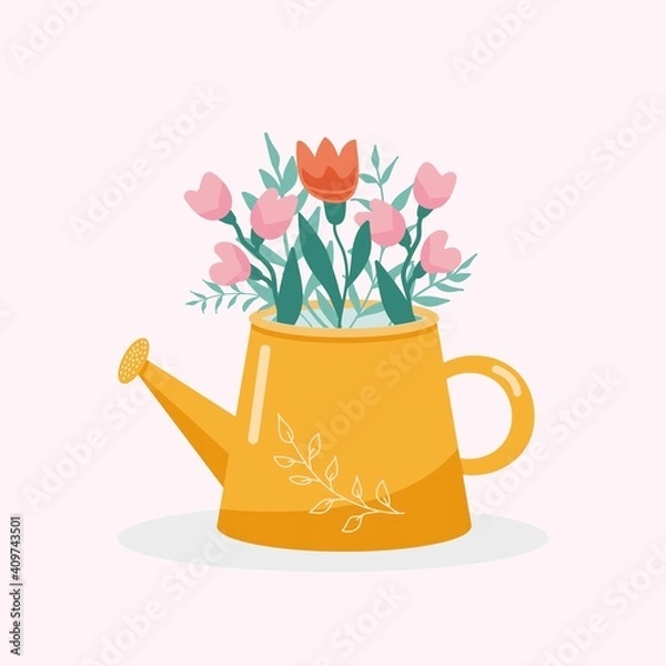 Obraz Vector illustration with a beautiful bouquet in the watering can 