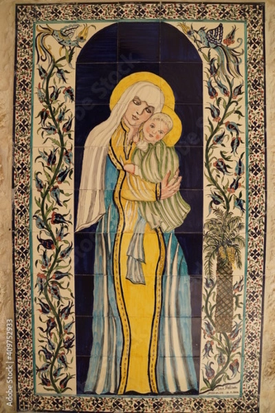 Obraz stained glass window in the church with the image of the Most Holy Theotokos