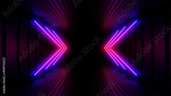 Fototapeta Sci Fy neon lamps in a dark tunnel. Reflections on the floor and walls. 3d rendering image.