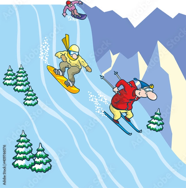 Fototapeta Snowboarder and skier descend from the mountain at high speed. Active winter activities, winter sports, alpine skiing and snowboarding. Flat infographics. Vector illustration in cartoon style.