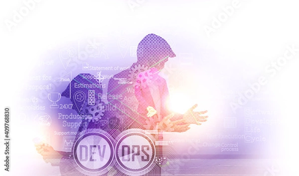 Fototapeta DevOps Concept and teams working together with SDLC icons at background, mixed media illustration 
