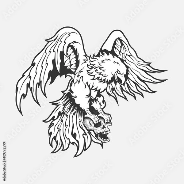 Fototapeta A flying eagle with the skull in the claws on Black and White