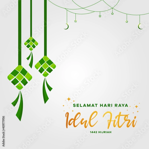 Fototapeta creative greeting card design with crescent moon and stars of selamat hari raya aidil fitri. Eid mubarak greeting card design.