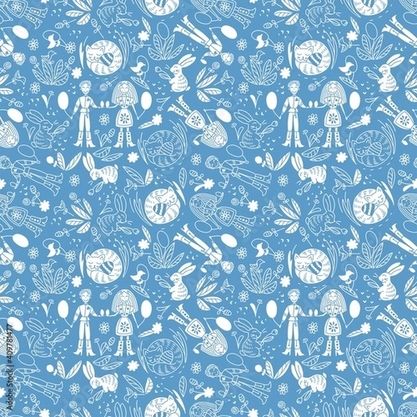 Fototapeta Seamless pattern on the Easter theme. A boy and a girl exchange Easter eggs. Traditional spring festival. In a linear doodle style in a soft blue color.