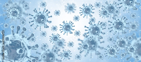 Obraz Virus or bacteria under a microscope. Abstract 3d microbe background on blue background. Allergy pathogen or bacteria