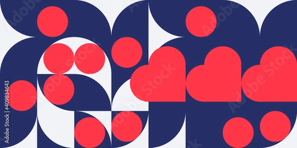 Fototapeta Romantic vector abstract  geometric background with hearts, circles, rectangles and squares  in retro scandinavian style. Pastel colored simple shapes graphic pattern. Abstract mosaic artwork.