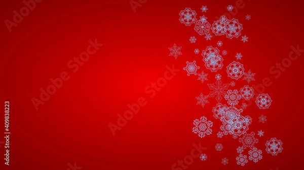 Fototapeta Christmas frame with snowflakes on red background. Santa Claus colors. Horizontal Christmas frame for holiday banners, cards, sales, special offers. Falling snow with bokeh and flakes for celebration