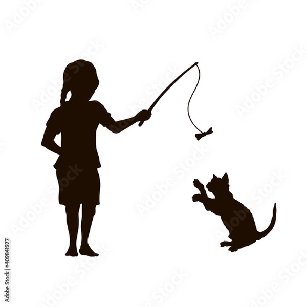 Fototapeta Black silhouette. Girl play with cat. Isolated child playing with kitty. Pet game. Cute friendship
