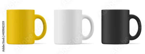 Fototapeta Vector realistic mockup (template, layout) of a matte mug for drinks front view. White, black, yellow blank isolated cup. EPS 10