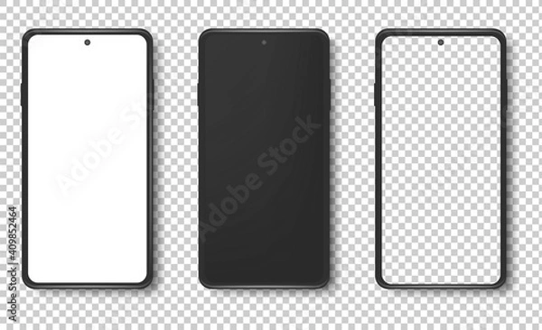 Obraz Realistic vector set mock-up of new generation plus smart phone black on transparent background. Layered - just put your image on content layer. Scale image any resolution.