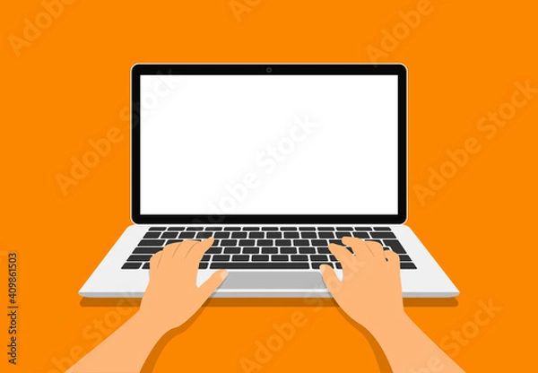Obraz Hands in work at laptop keyboard with blank monitor screen at table. Work place at home. Vector illustration. EPS 10
