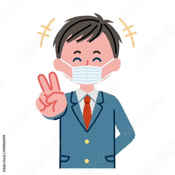 Fototapeta マスクをつけてピースサインをしている男子高校生のイラスト素材