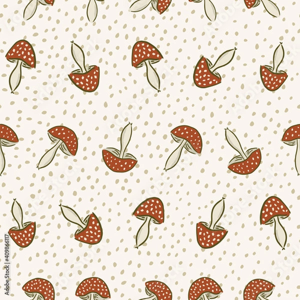 Fototapeta Seamless vector pattern with mushrooms and plants for decoration, textile, stationery, fabric