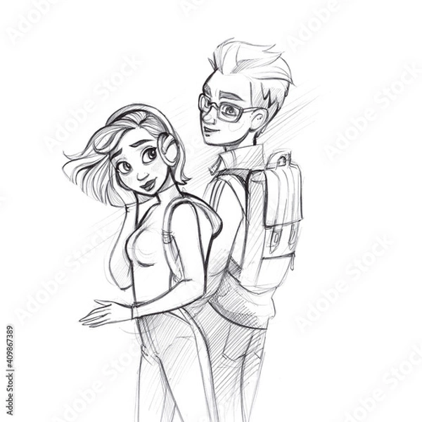 Fototapeta Pen sketch on white background. Hand drawn sketchbook illustration. An emotional story in one picture