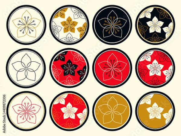 Obraz cherry flowers round collection gold red