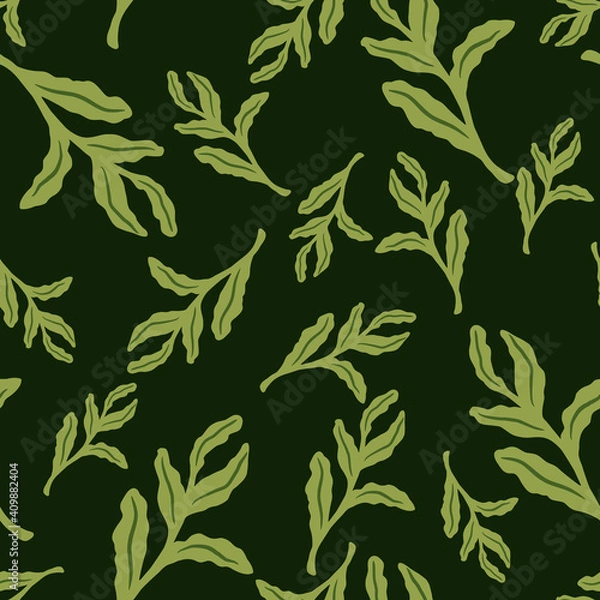 Fototapeta Random seamless pattern in autumn style with green foliage shapes. Brown dark background.